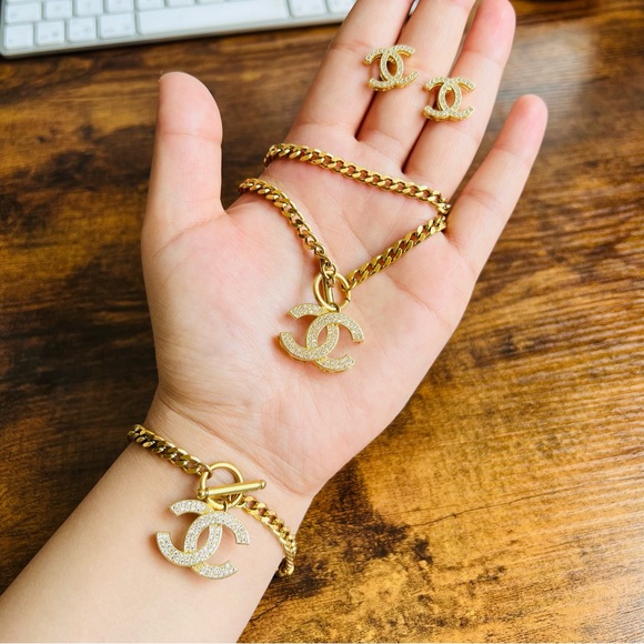 Reserved 18K Plated Gold Chanel Women jewelry Chain Necklace Bracelet Earrings - Picture 8 of 16